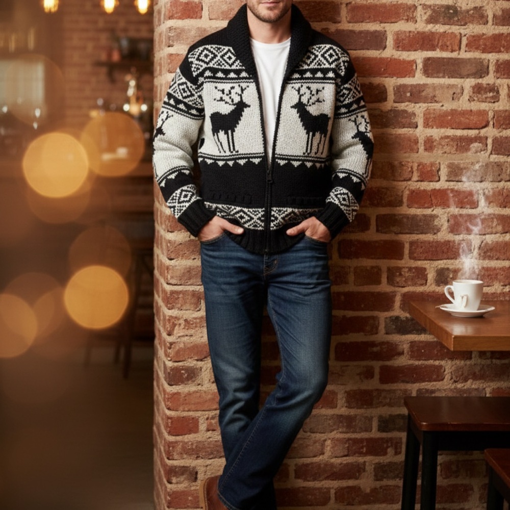 Elegant unisex Black and White Reindeer Zip-Up Jacket 100% wool